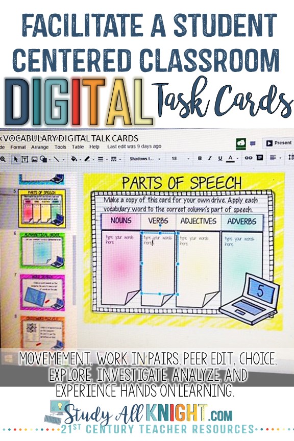If you love the traditional task cards activity, you'll love these! Creating digital task cards have been very rewarding. My students love when I set up a digital task cards activity. The teacher becomes a facilitator, just like in any student centered classroom. Encourages students to move around, work in pairs, peer edit, have a choice, explore, investigate, analyze, and experience their learning. Great for all grades K-12! All subjects. #digitallearning #paperlessclassroom #taskcards #classroomtechnology #edtech