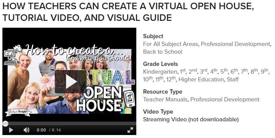 Video PD: Teachers hosting a successful open house means teacher-parent communication.You can easily create a Virtual Back to School Night. Learn some tips on how to foster a positive relationship with parents and host a successful meet the teacher night. New teachers will find this professional development resource helpful. All subjects. Administrators will love this! Grade 1, grade 2, grade 3, grade 4, grade 5, grade 6, grade 7, grade 8, grade 9, grade 10, grade 11, grade 12