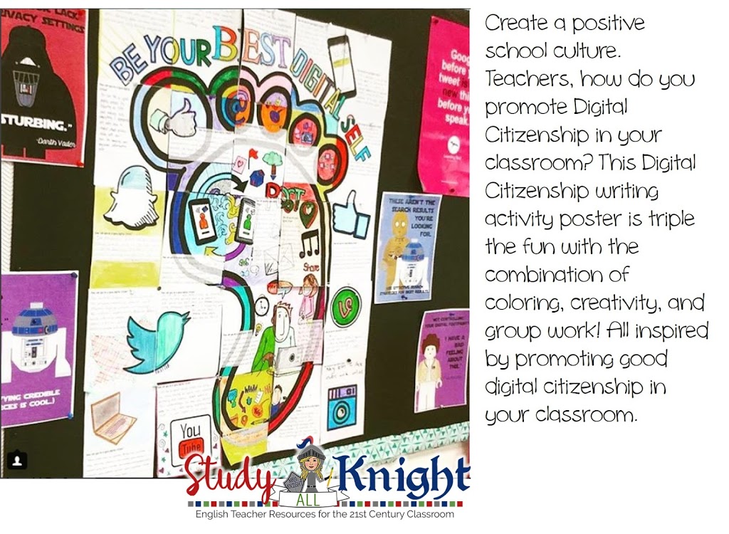 Image asking, "Teachers, how do you promote Digital Citizenship in your classroom? This Digital Citizenship writing activity poster is triple the fun..." with an image of a footprint saying "Be Your Best Digital Self"