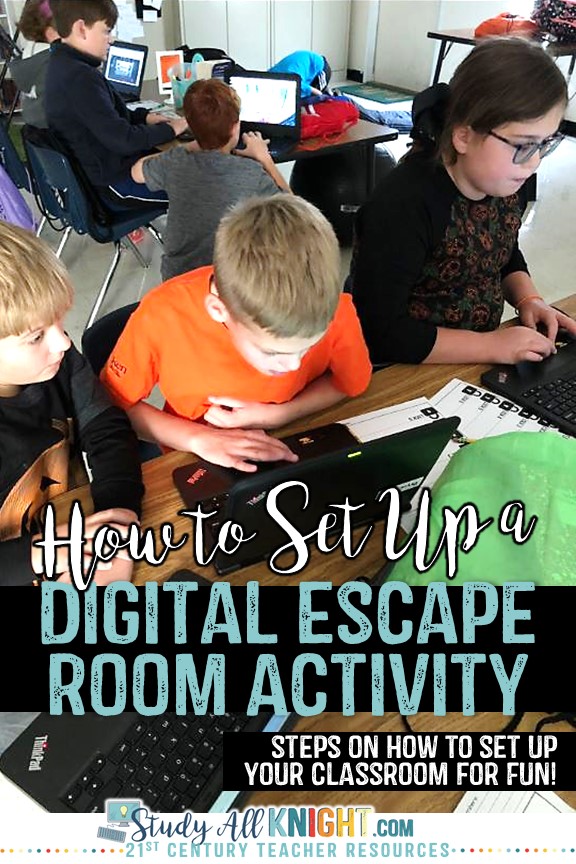 Students working at computers with text "How to Set Up a Digital Escape Room Activity" (Steps on how to set up your classroom for fun!)