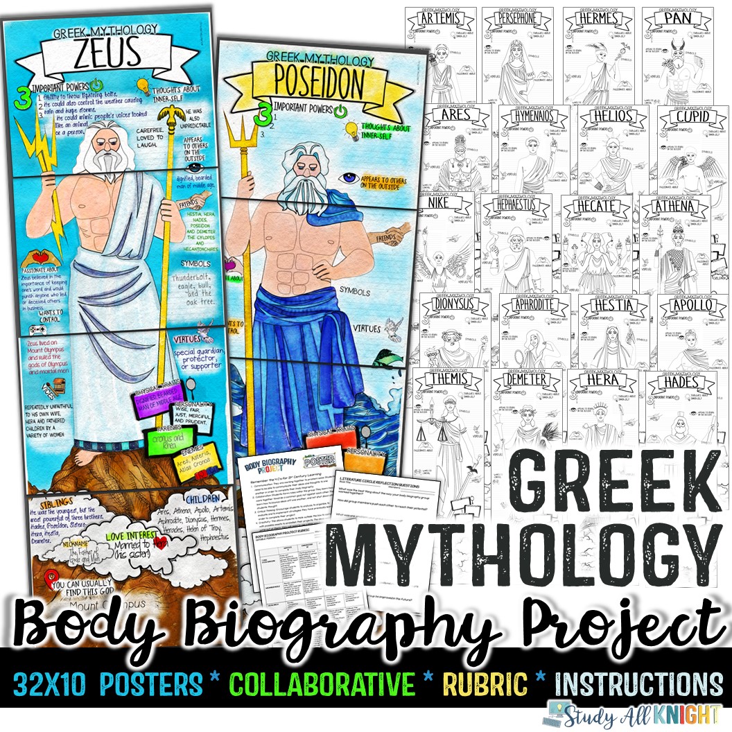 Fabulous Fun with Greek Mythology and Literature! Find out how to get students interested in Greek Mythology gods and goddesses character analysis exercise by using the body biography project. This is an engaging and memorable student-collaboration Greek Mythology activity. You can use this for The Odyssey, The Lightning Thief, Hercules, ancient history, Greek theater, Greek civilization, or for a fun mythology unit. #GreekMythology #MiddleSchool #Englishteacher