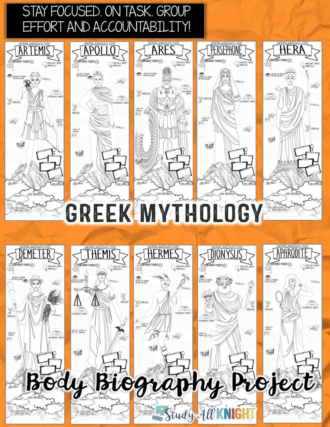 Fabulous Fun with Greek Mythology and Literature! Find out how to get students interested in Greek Mythology gods and goddesses character analysis exercise by using the body biography project. This is an engaging and memorable student-collaboration Greek Mythology activity. You can use this for The Odyssey, The Lightning Thief, Hercules, ancient history, Greek theater, Greek civilization, or for a fun mythology unit. #GreekMythology #MiddleSchool #Englishteacher