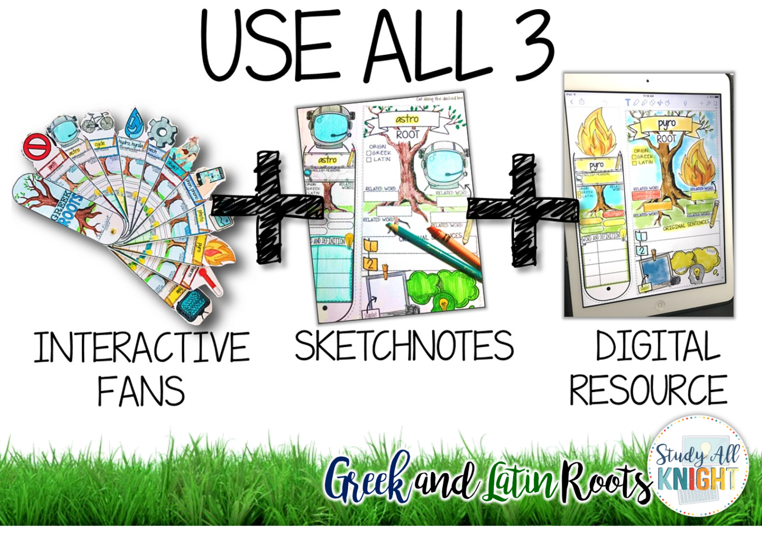 Greek and Latin Roots all school year long! Greek and Latin roots are the foundation of building vocabulary. Why not make it fun!  Interactive fan, sketchnotes, and the digital resource. greekandlatinroots #vocabularylessons #sketchnotes 