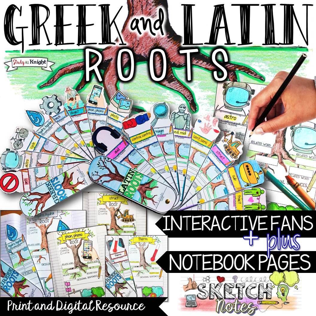 Greek and Latin Roots all school year long! Greek and Latin roots are the foundation of building vocabulary. Why not make it fun!  I found a way to reinforce Greek and Latin Roots vocabulary lessons. If you are into visual notebooks, there are sketch notes. If you are looking for a kinesthetic component, then your students will love compiling their interactive fan. And, for our paperless classrooms, it's easy to share the digital notebook version. #greekandlatinroots #vocabularylessons #sketchnotes 