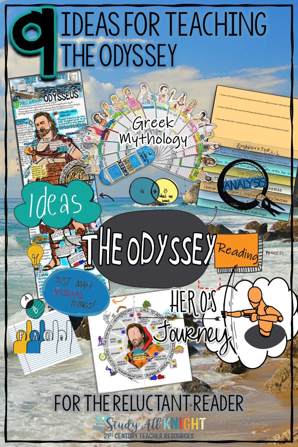 During the 8th Century, the Ancient Greek author, Homer, wrote the epic poem, The Odyssey. This poem is a crucial part of Ancient literature. Introducing The Odyssey to your students can be really hard, but I have a variety of ways to make it fun, interactive and collaborative! Not only do your students learn about this epic poem, but they also get to learn about Greek Mythology, along with famous Gods and Goddesses like Zeus, Apollo, Poseidon, Hades, Athena, and Aphrodite! 9 Lesson Ideas For Teaching The Odyssey, is loaded with hands-on and modern activities for teachers, and tips to use in their English Language arts classrooms. If you are teaching The Odyssey or looking for resources, look no further! A Greek Mythology mini-unit is a way to kick off your epic poem unit and onto the hero's journey! #theodyssey #teachertips #highschoolenglish #middleschoolela #herosjourney #teachers  