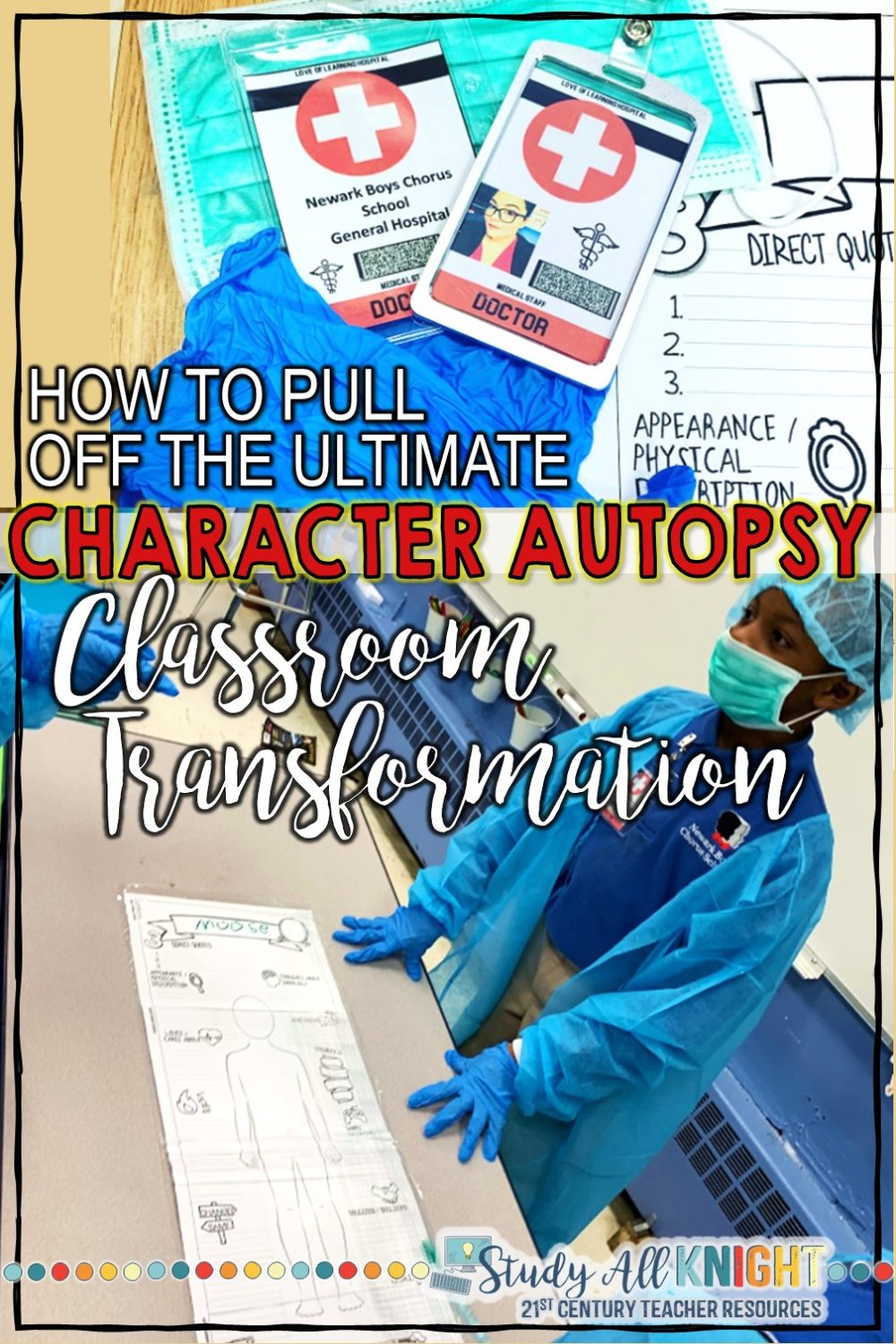 How Teachers Can Pull off the Ultimate Character Autopsy Classroom Transformation For Any Text. This isn't your every day character traits activity. Your students will love the hospital inspired classroom transformation! Students use the body biography characterization strategy to perform a character autopsy. Read the step by step, from classroom set up, groups, assessment, finding the fun materials to create this memorable activity any time of the year for any text. Finding textual evidence and text based responses have never been this much fun. Grades 4, 5, 6, 7, 8, 9 | English Language Arts | Middle School Teacher | Upper Elementary | Body Biography, Characterization, Game, Engaging, Collaboration 